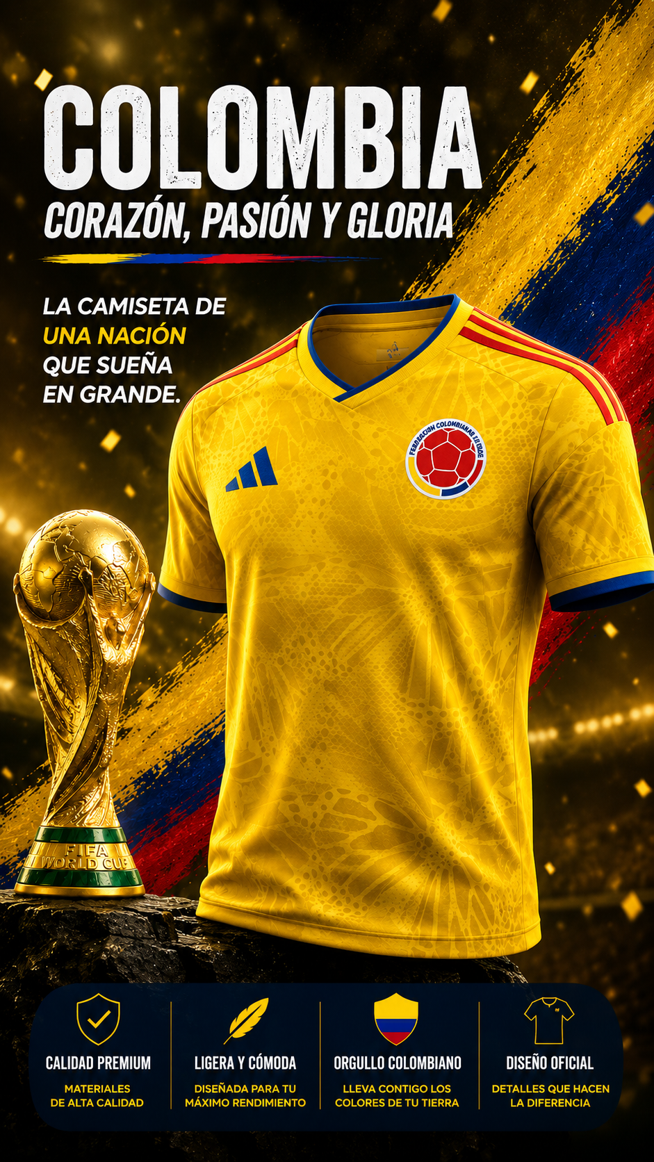 CAMISETA SELE ENCAUCHETADA CUP ¡La pasión por Colombia ya ha comenzado! Vístete con los colores de la selección en el Mundial ⚽🔥 La camiseta que todo el mundo quiere tener 💛💙❤️ ¡Cómprala ahora antes de que se agote!